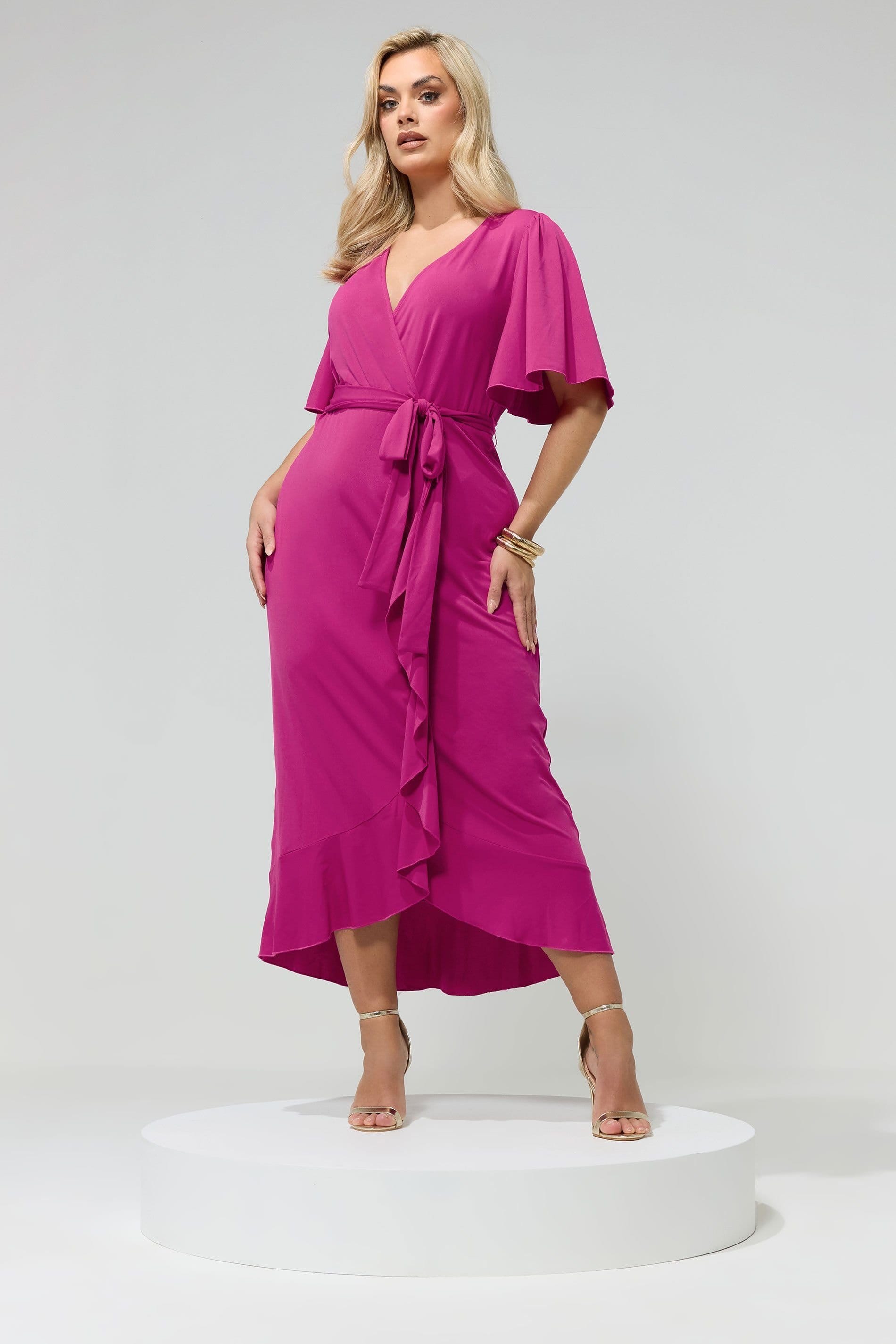 Yours Yours Women's Ruffle Hem Wrap Dress in Bright Pink - 4
