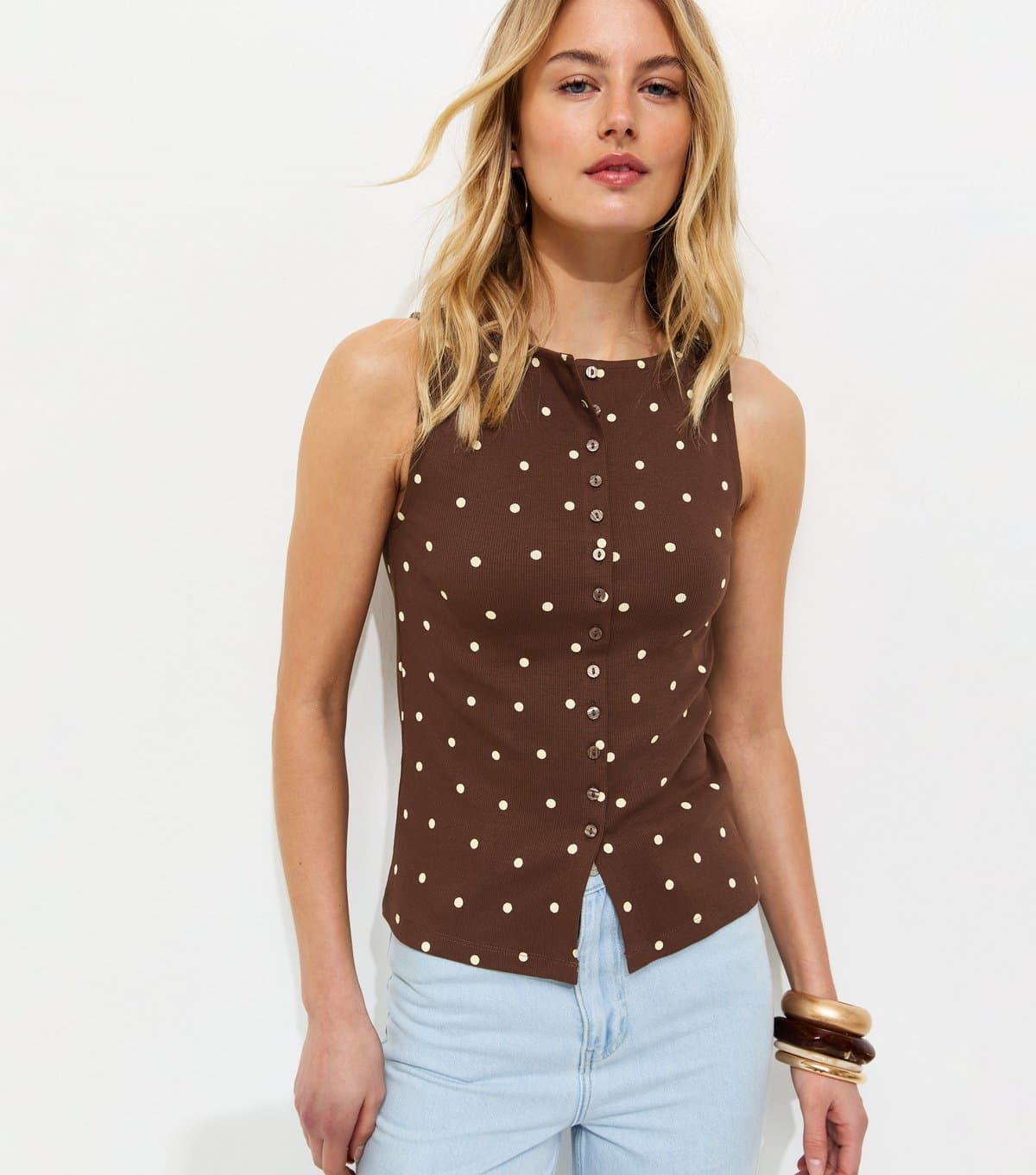 New Look Women's Tall Brown Polka Dot Button Through Sleeveless Top New Look