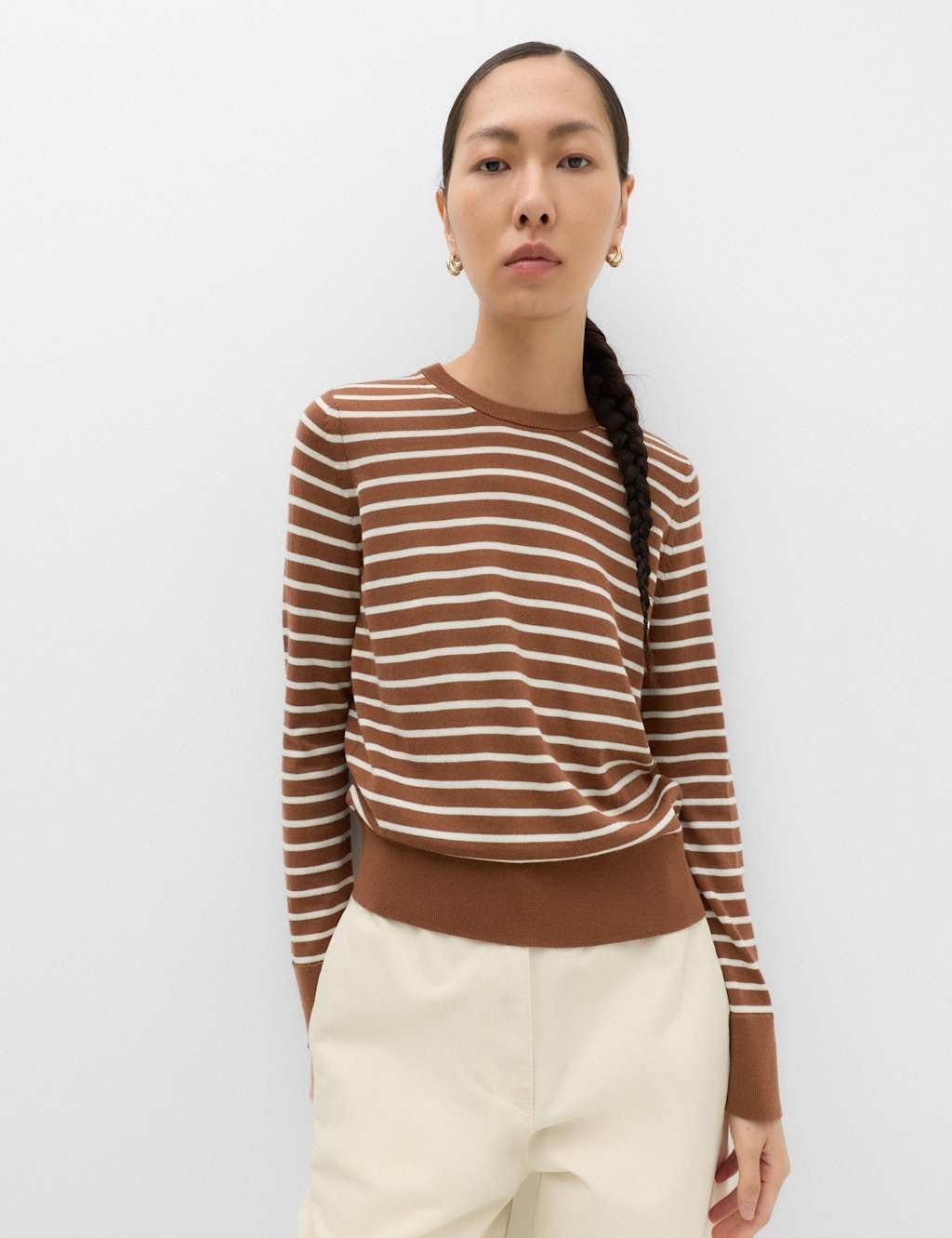 Marks & Spencer M&S Pure Merino Wool Striped Crew Neck Jumper Neutral - 1