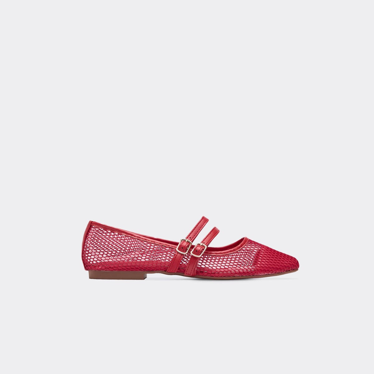 EGO Lettie Double Buckle Strap Mesh Detail Flat Ballet Pump In Red Faux Leather, Women's Size UK 3 - 1