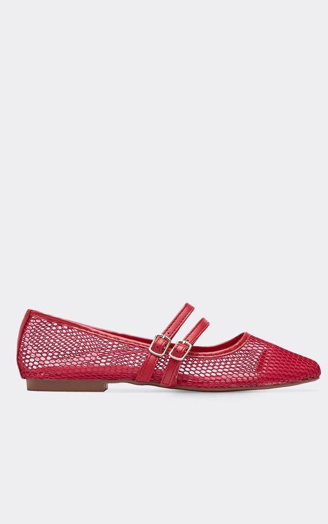 EGO Lettie Double Buckle Strap Mesh Detail Flat Ballet Pump In Red Faux Leather, Women's Size UK 3 - 2
