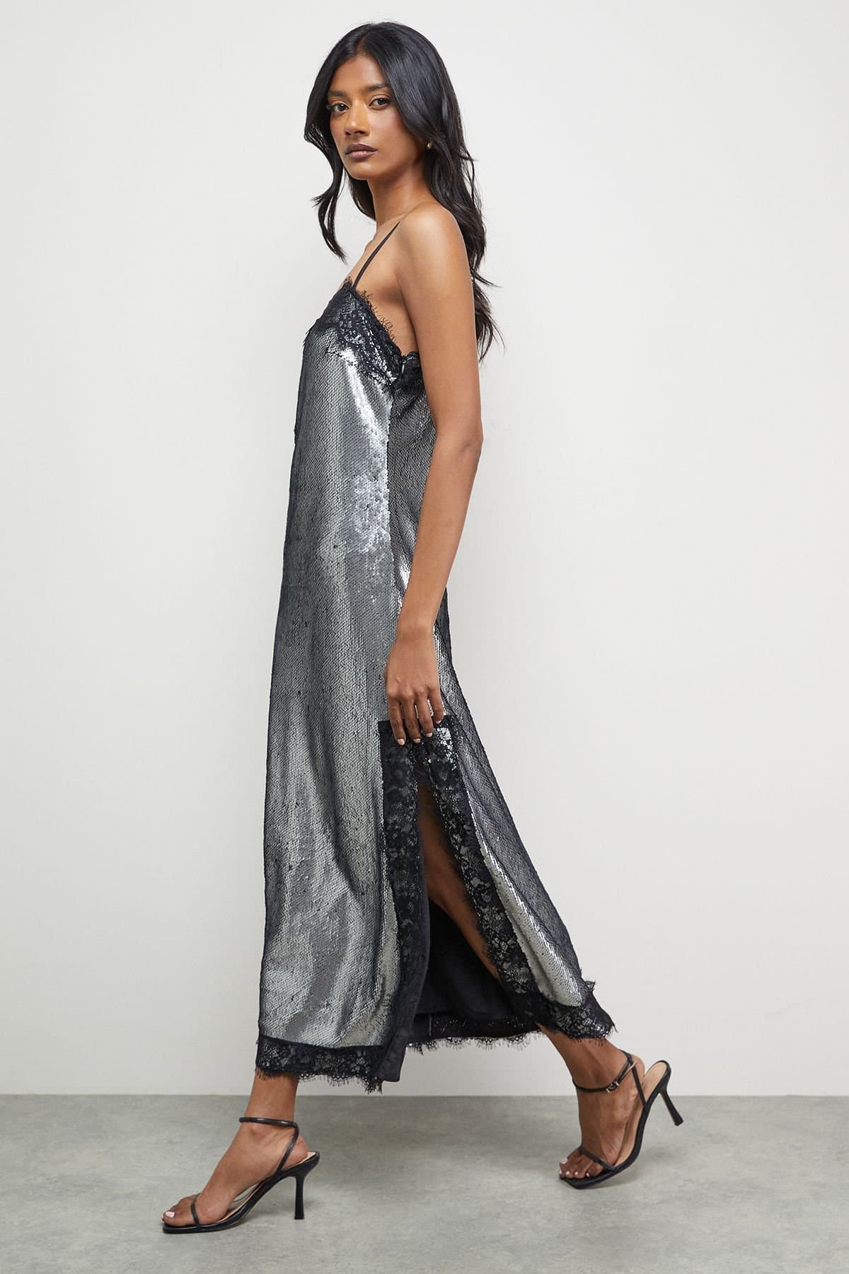 Warehouse Warehouse Women's Sequin Lace Trim Square Neck Midi Slip Dress in Gun Metal