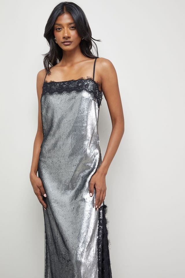 Warehouse Warehouse Women's Sequin Lace Trim Square Neck Midi Slip Dress in Gun Metal - 2