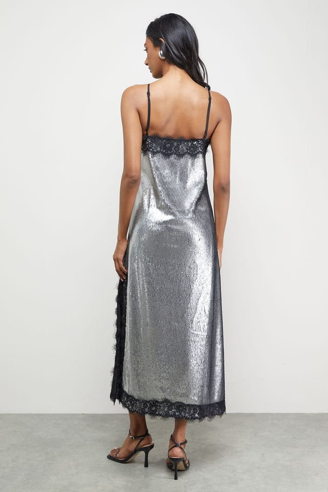 Warehouse Warehouse Women's Sequin Lace Trim Square Neck Midi Slip Dress in Gun Metal - 3
