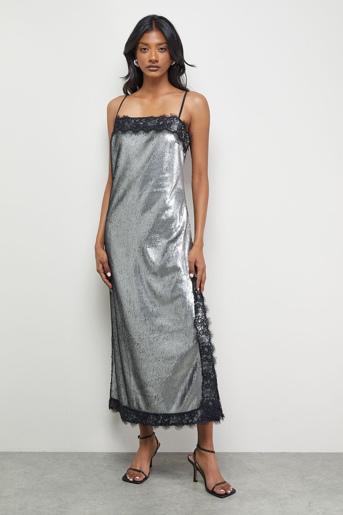 Warehouse Warehouse Women's Sequin Lace Trim Square Neck Midi Slip Dress in Gun Metal - 4