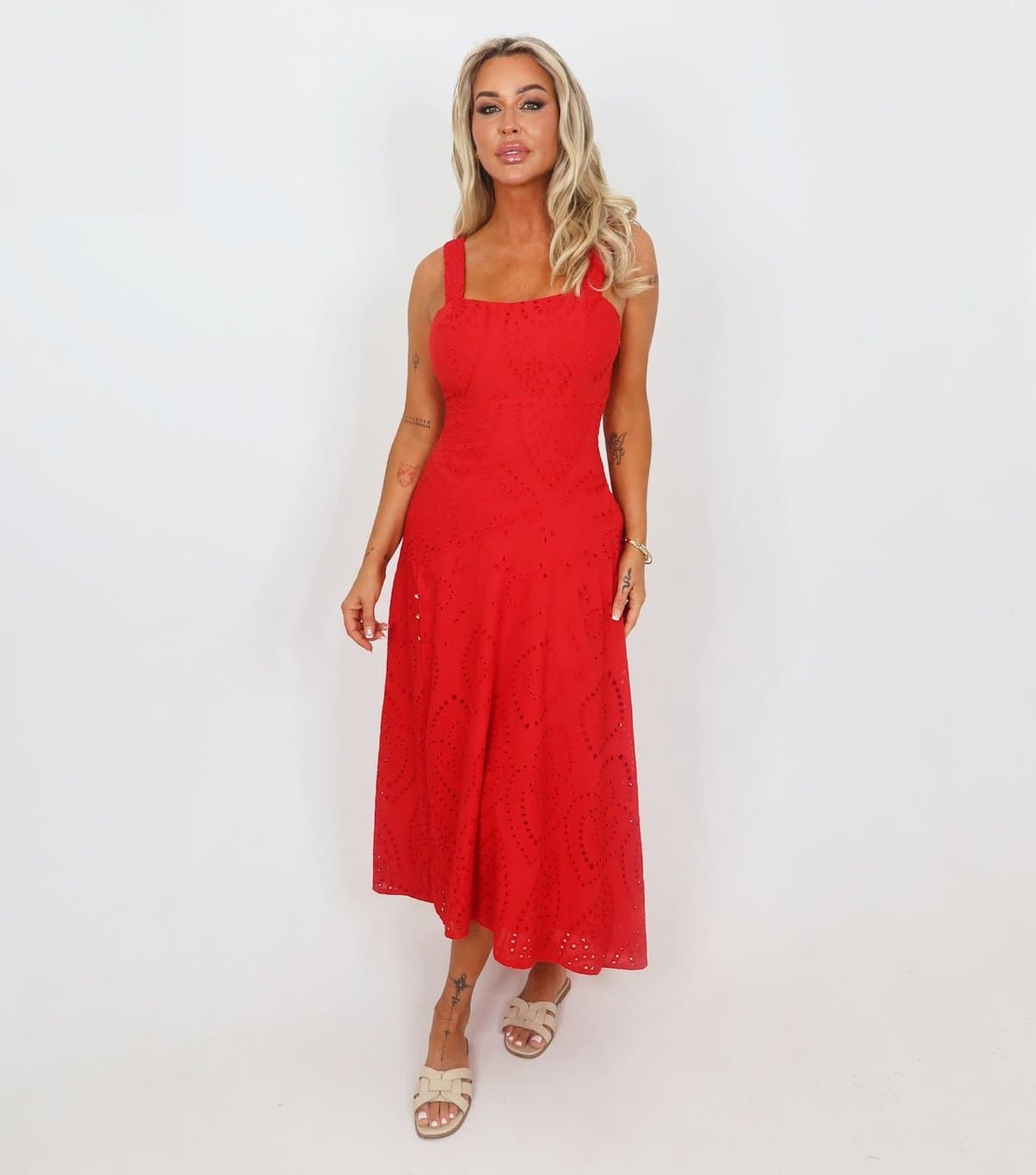 AX Paris Women's Bright Red Broderie Shirred Straps Midi Dress AX Paris New Look