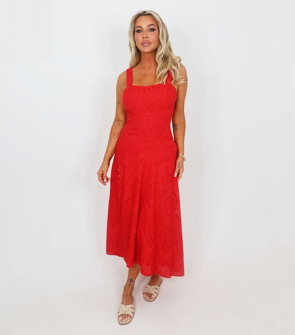 AX Paris Red Broderie Midi Dress