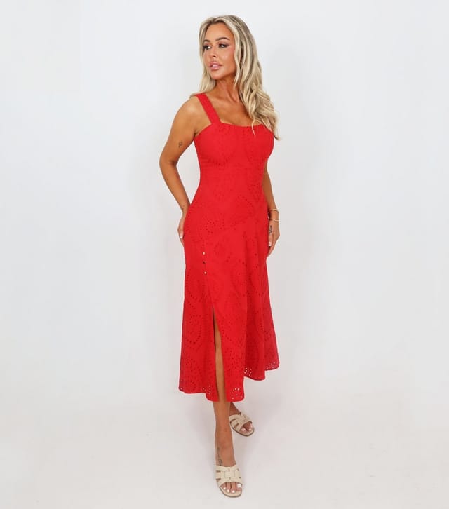 AX Paris Women's Bright Red Broderie Shirred Straps Midi Dress AX Paris New Look - 2