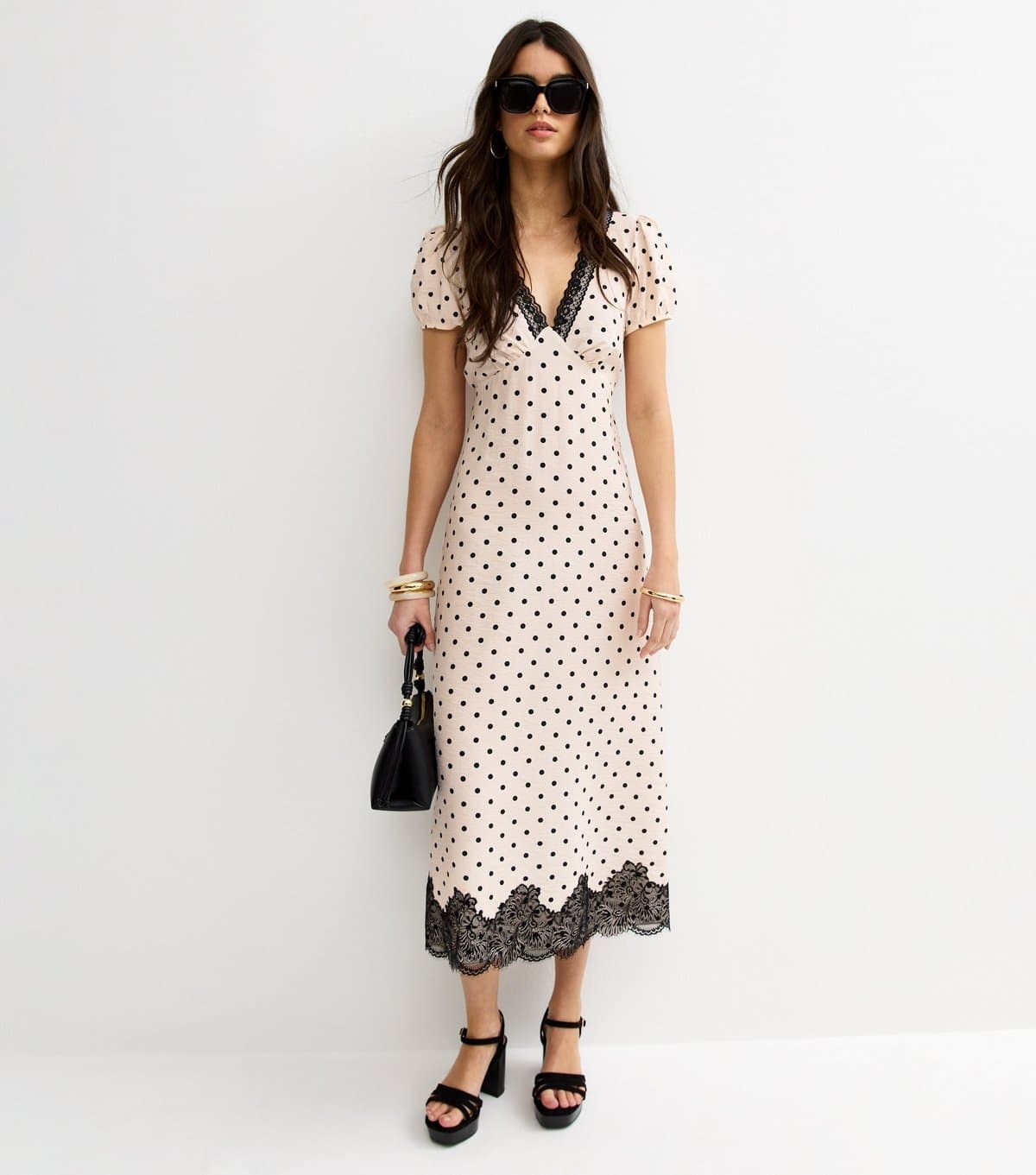 New Look Women's Cream Spot Print Lace Trim V-Neck Midi Dress New Look