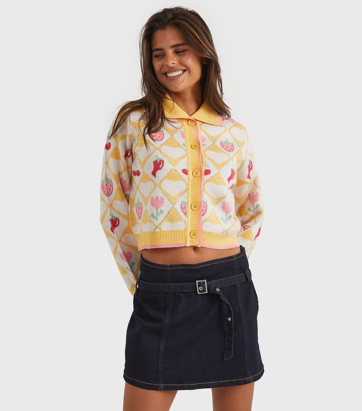 Skinnydip Women's Bright Yellow Floral Diamond Knitted Cardigan Skinnydip New Look