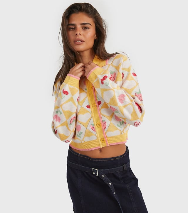 Skinnydip Women's Bright Yellow Floral Diamond Knitted Cardigan Skinnydip New Look - 3
