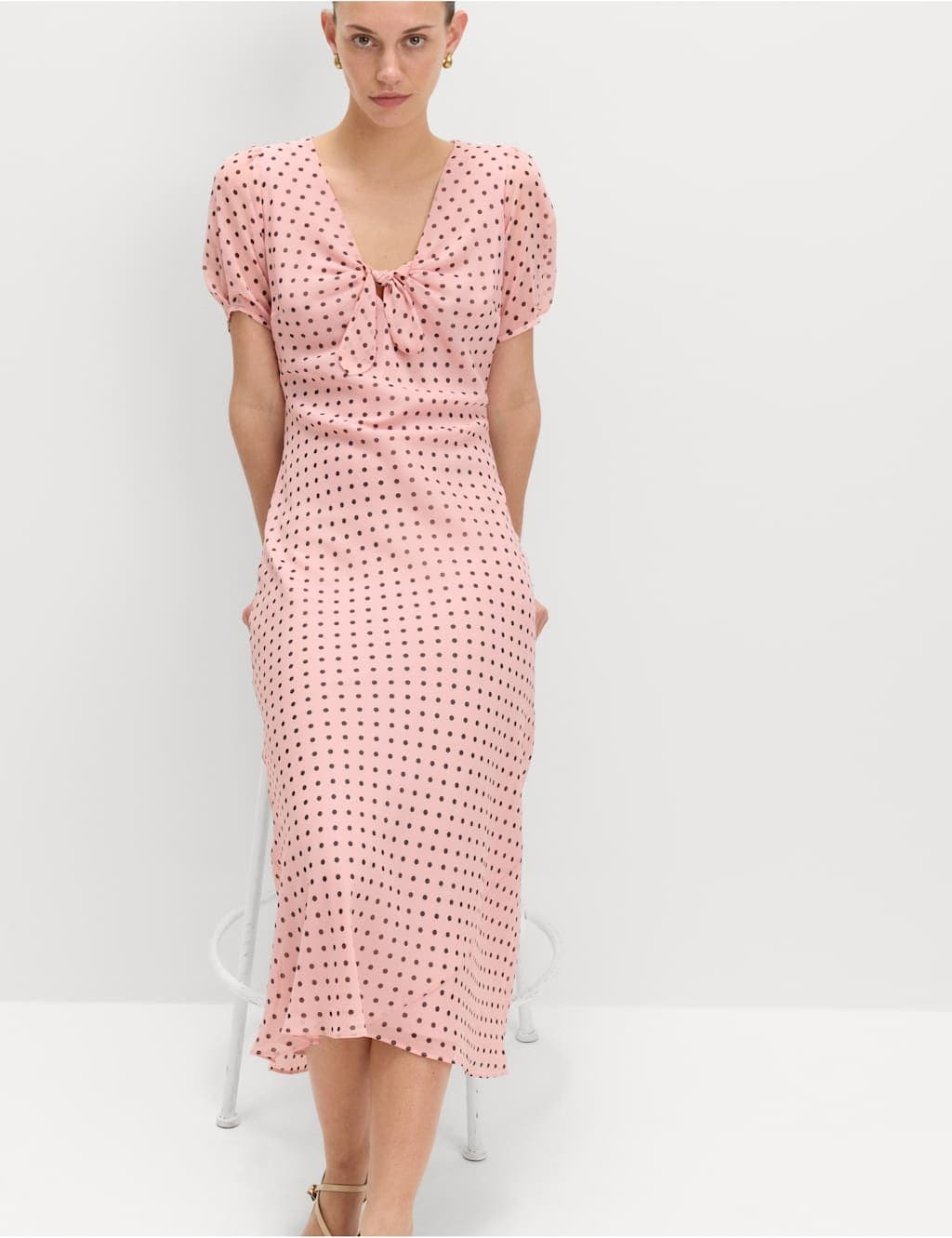 Marks & Spencer M&S Polka Dot Puff Sleeve Midaxi Tea Dress Pink Mix