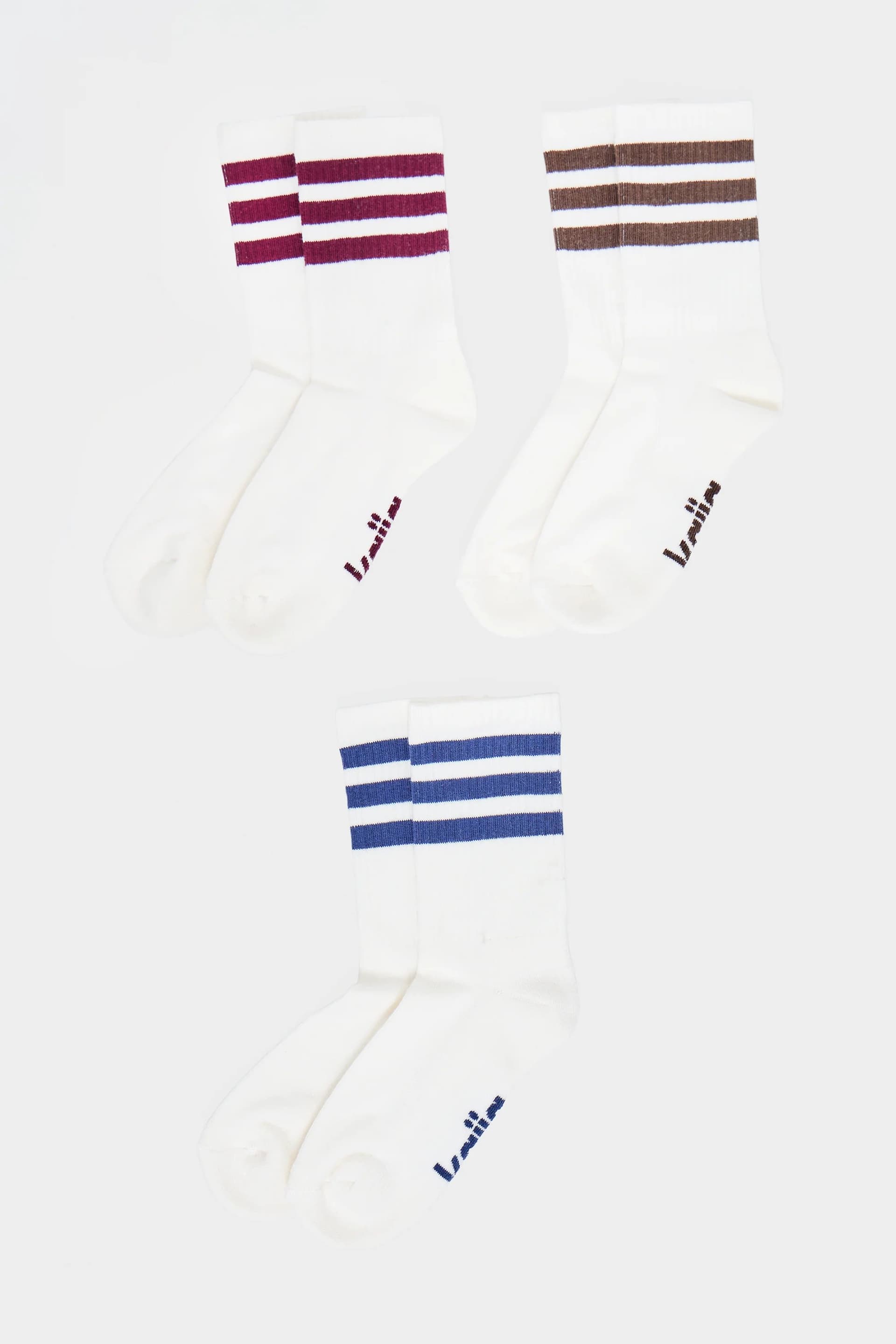 Kaiia Pack of Three Kaiia Sport Stripe Socks Burgundy, Navy & Chocolate