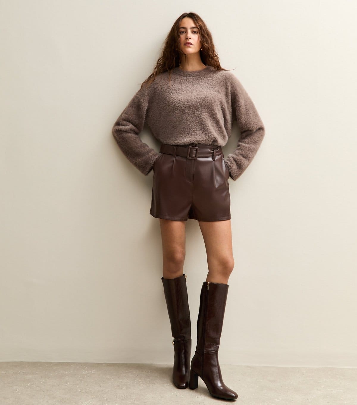 New Look Dark Brown Faux Leather Belted Shorts