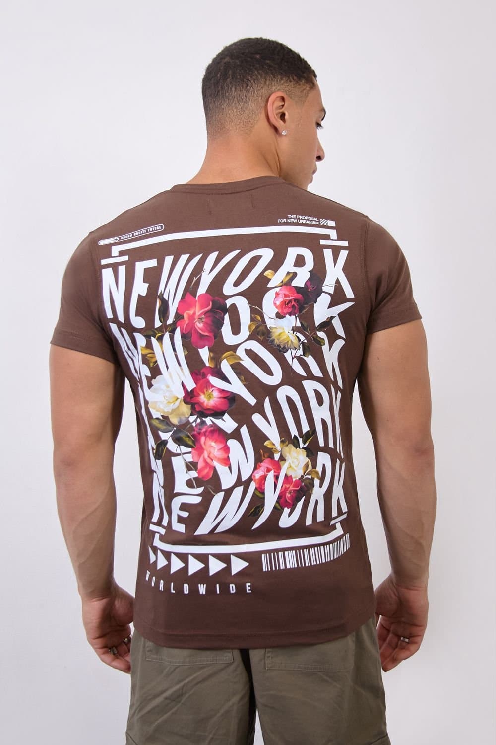 LONDON ATTITUDE LONDON ATTITUDE Men's Brown “New York Worldwide" Floral T-Shirt