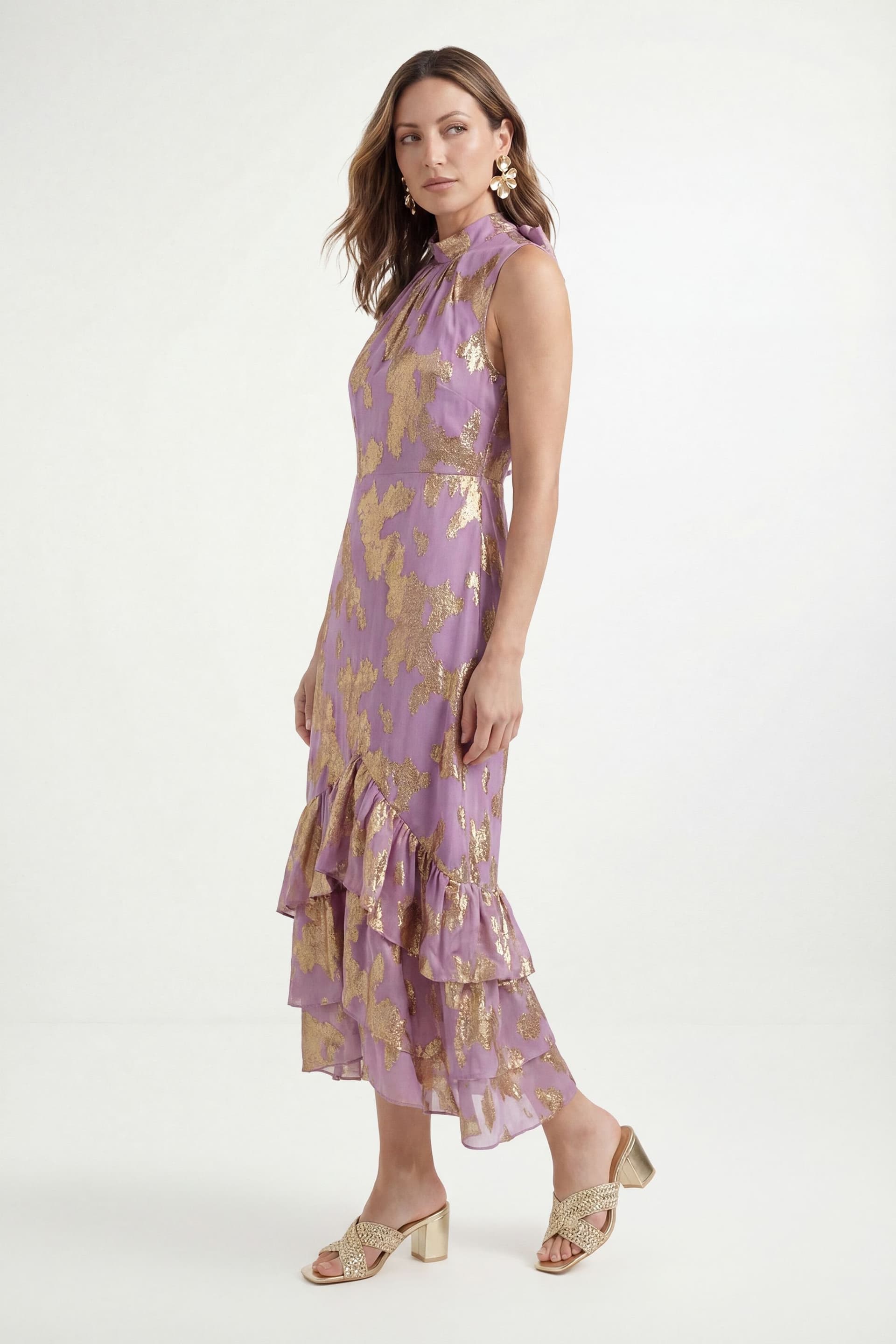 Wallis Wallis Women's Petite Metallic Ruffle Hem Maxi Dress in Pink