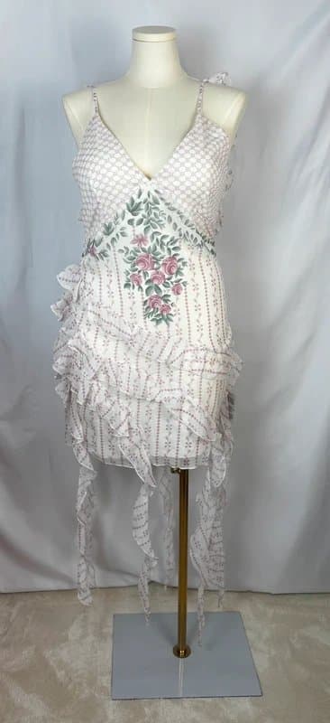 ASOS Design UK 16 ASOS Design Chiffon Floral Tendril Hem Mini Dress Pink Cream Romantic