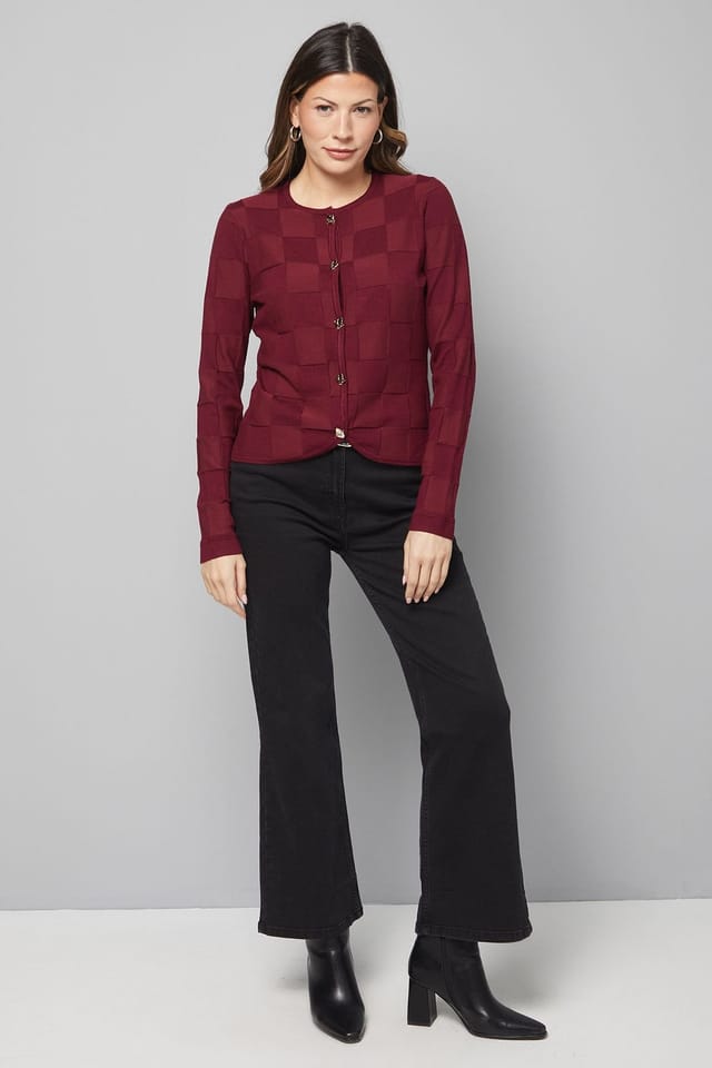 Wallis Wallis Women's Stitch Detail Cardigan in Burgundy - 2