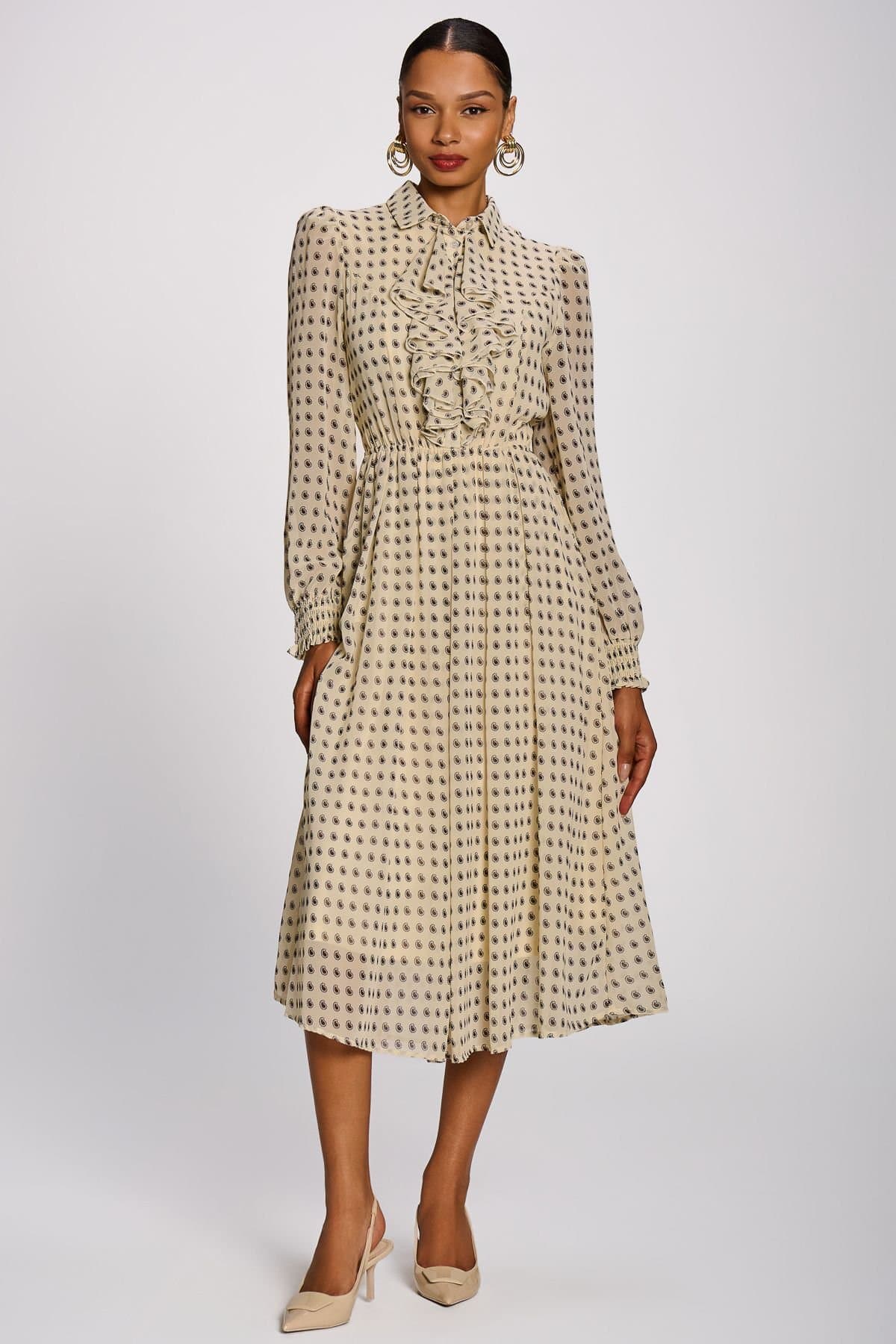 Jolie Moi Jolie Moi Women's Chiffon Print Ruffled Shirt Dress in Medium Beige