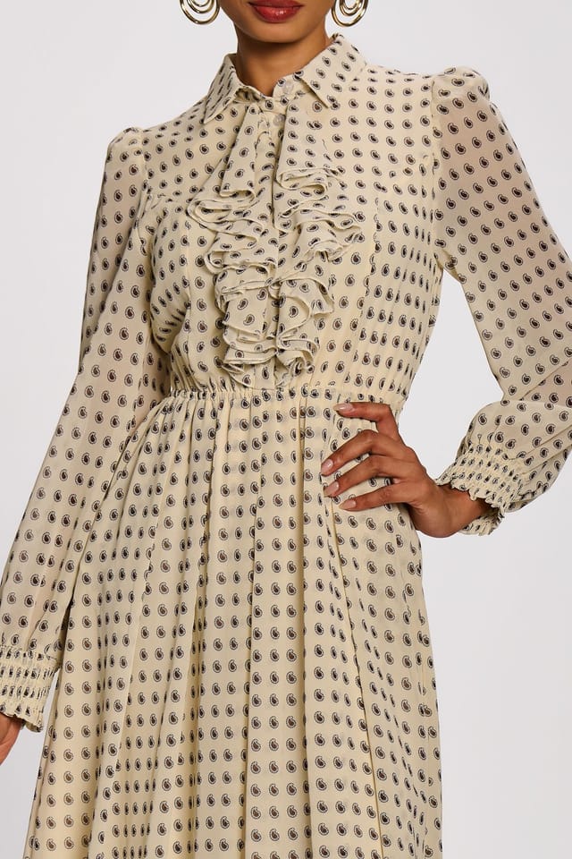 Jolie Moi Jolie Moi Women's Chiffon Print Ruffled Shirt Dress in Medium Beige - 3