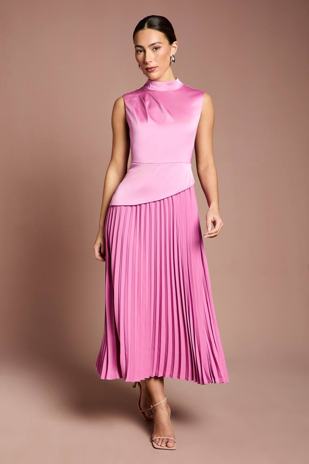 Coast Coast Women's Drape High Neck Pleated Skirt Midi Dress in Pink - 1