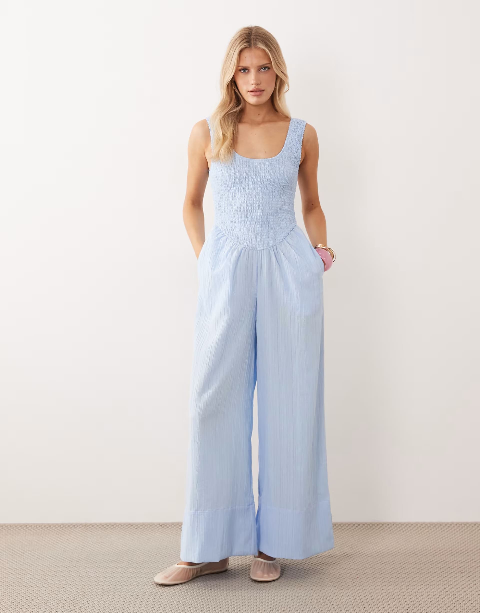 ASOS ASOS DESIGN scoop neck crinkle jumpsuit in pale blue