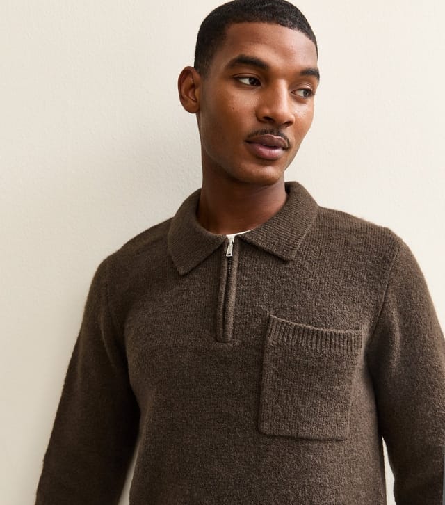 New Look Men's Dark Brown Regular Fit Long Sleeve Brushed Quarter Zip Polo Knit Jumper New Look - 2