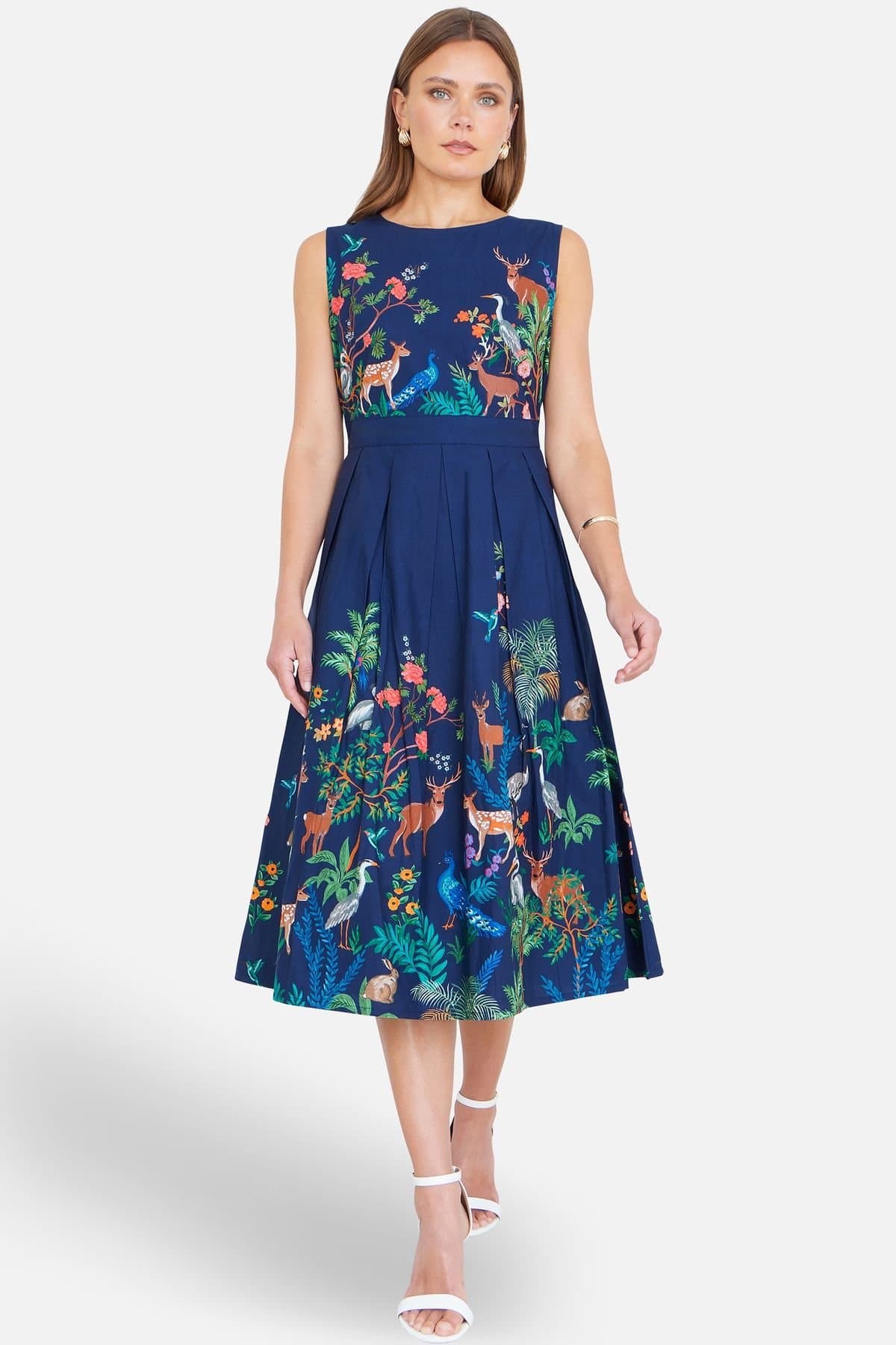 Yumi Yumi Women's Woodland Animal Print Cotton Midi Skater Dress in Mid Navy