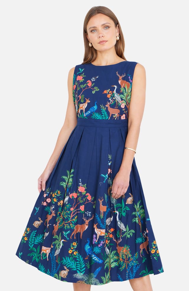 Yumi Yumi Women's Woodland Animal Print Cotton Midi Skater Dress in Mid Navy - 2