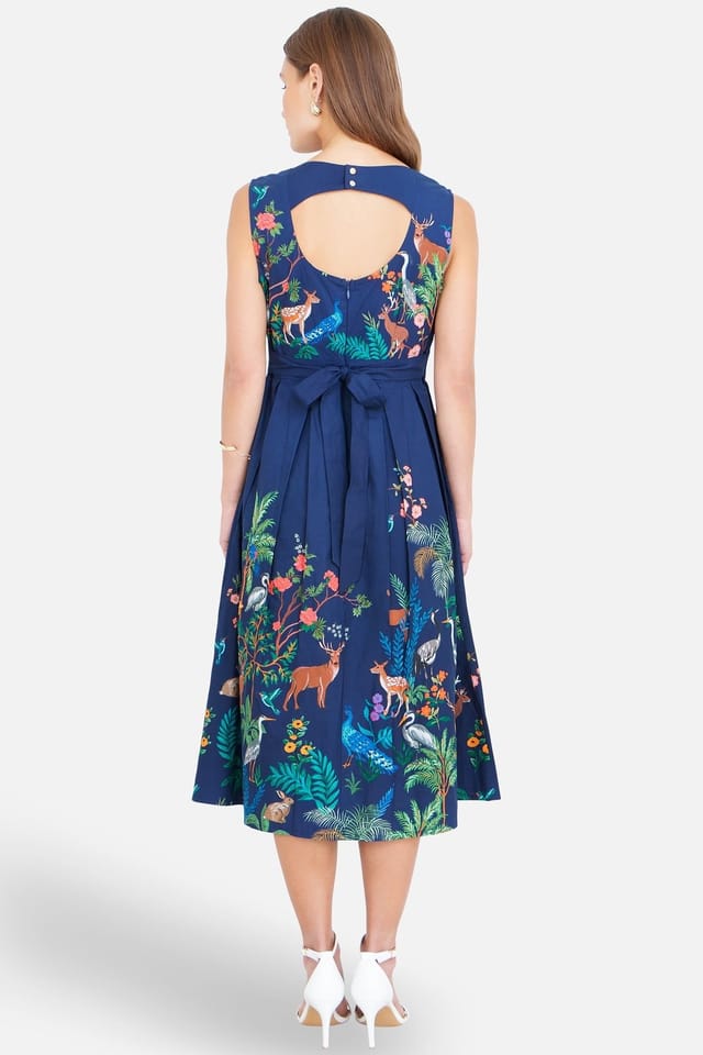 Yumi Yumi Women's Woodland Animal Print Cotton Midi Skater Dress in Mid Navy - 3