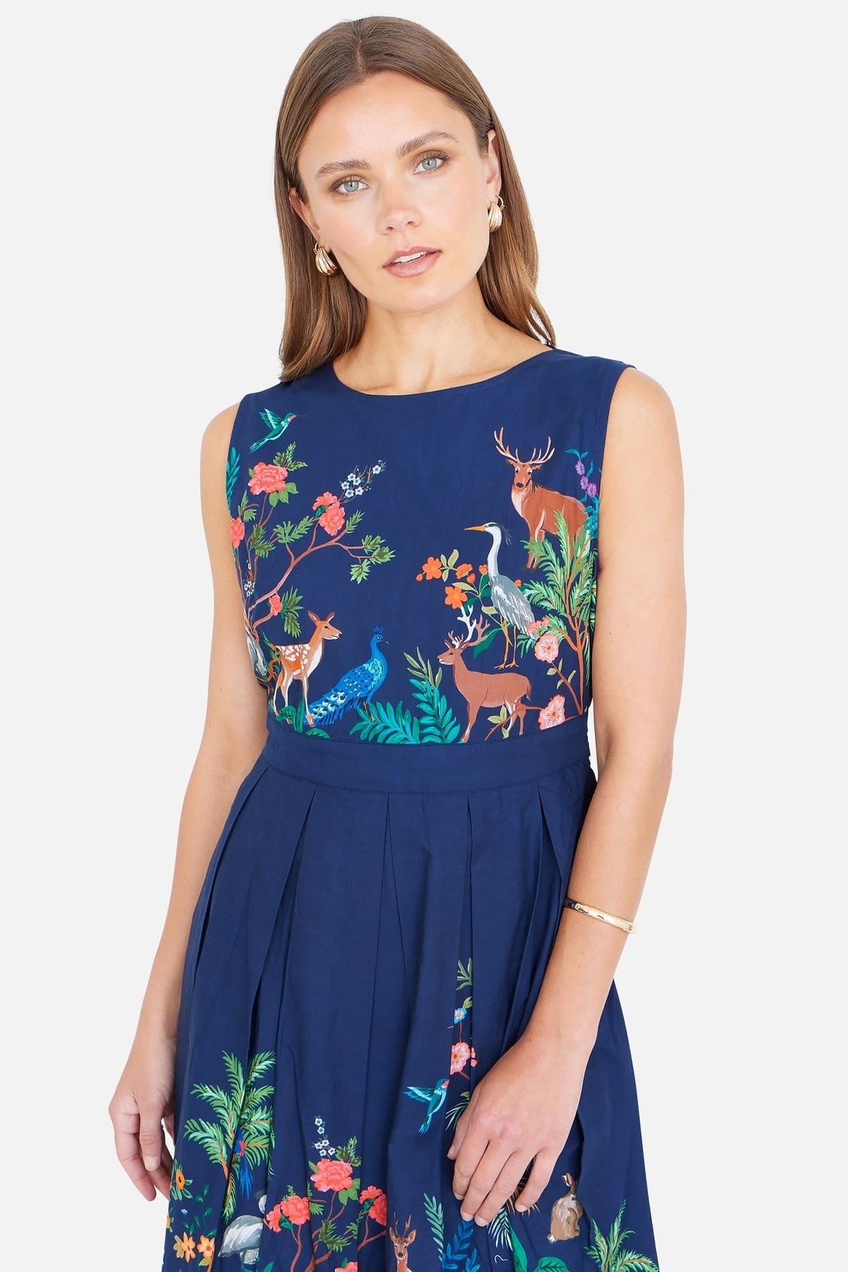 Yumi Yumi Women's Woodland Animal Print Cotton Midi Skater Dress in Mid Navy - 4