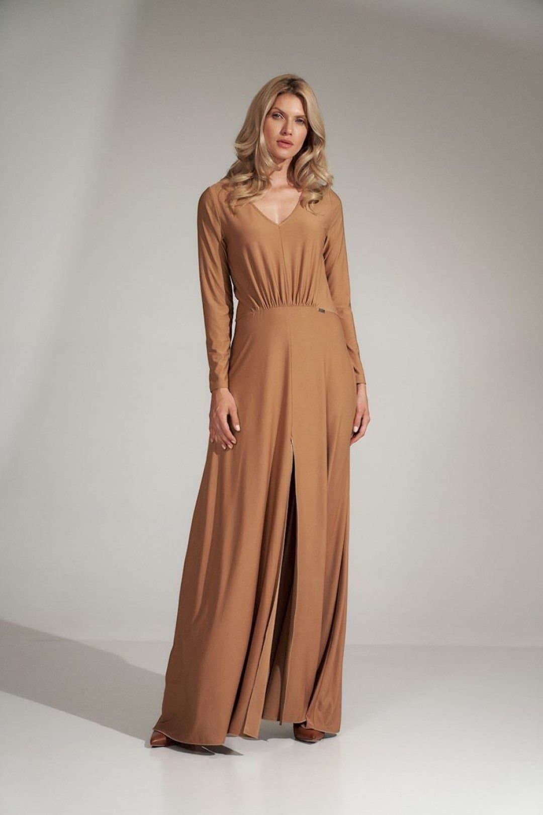 Love Lace Love Lace Women's Long V Neck Flared Dress Elastic Waist in Beige