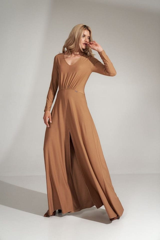 Love Lace Love Lace Women's Long V Neck Flared Dress Elastic Waist in Beige - 2