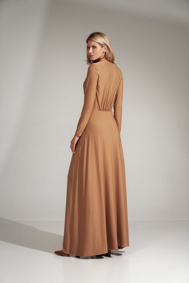 Love Lace Love Lace Women's Long V Neck Flared Dress Elastic Waist in Beige - 3