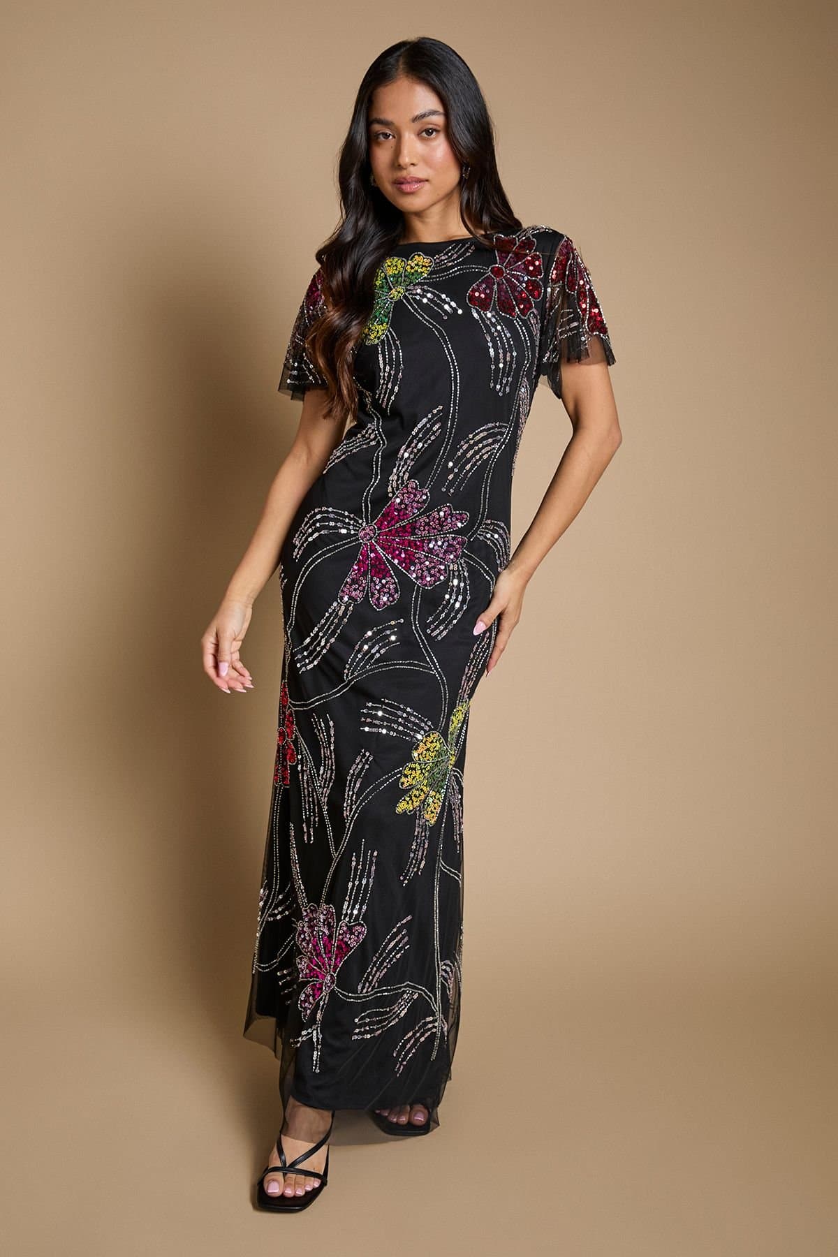 Oasis Oasis Women's Petite Fan Floral Embellished Angel Sleeve Maxi Dress in Black