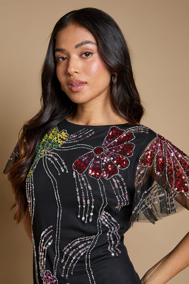 Oasis Oasis Women's Petite Fan Floral Embellished Angel Sleeve Maxi Dress in Black - 2