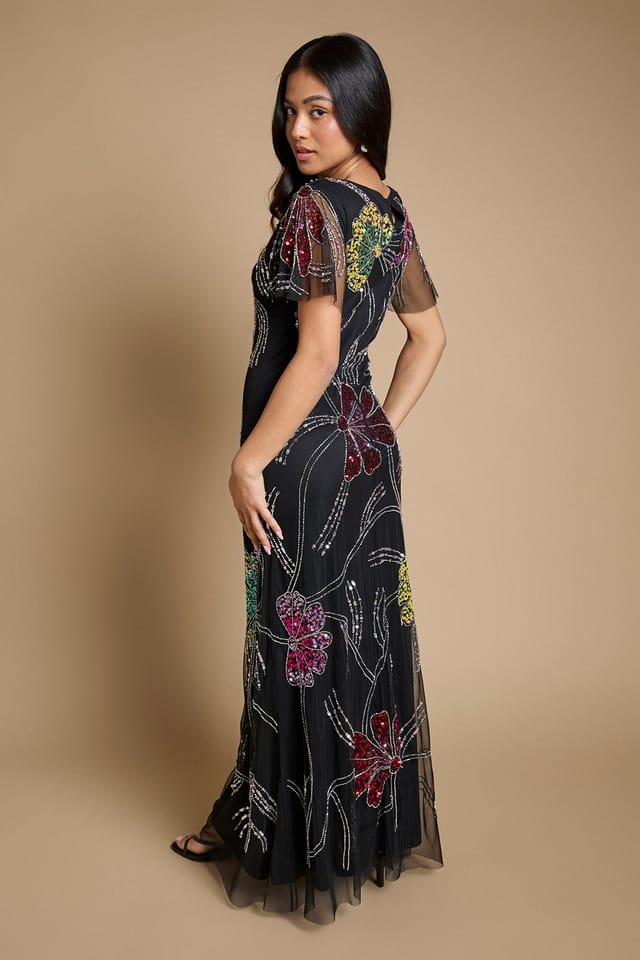 Oasis Oasis Women's Petite Fan Floral Embellished Angel Sleeve Maxi Dress in Black - 3