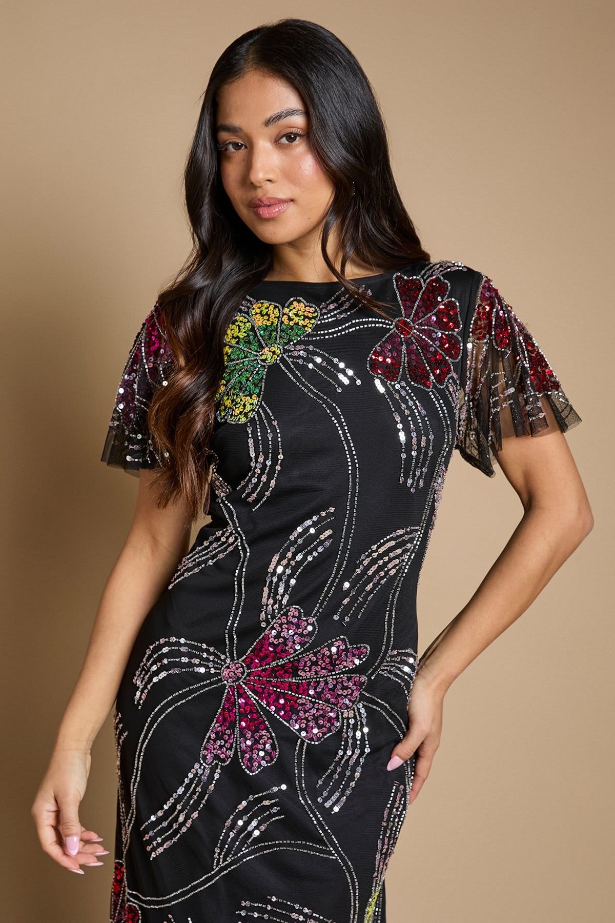 Oasis Oasis Women's Petite Fan Floral Embellished Angel Sleeve Maxi Dress in Black - 4