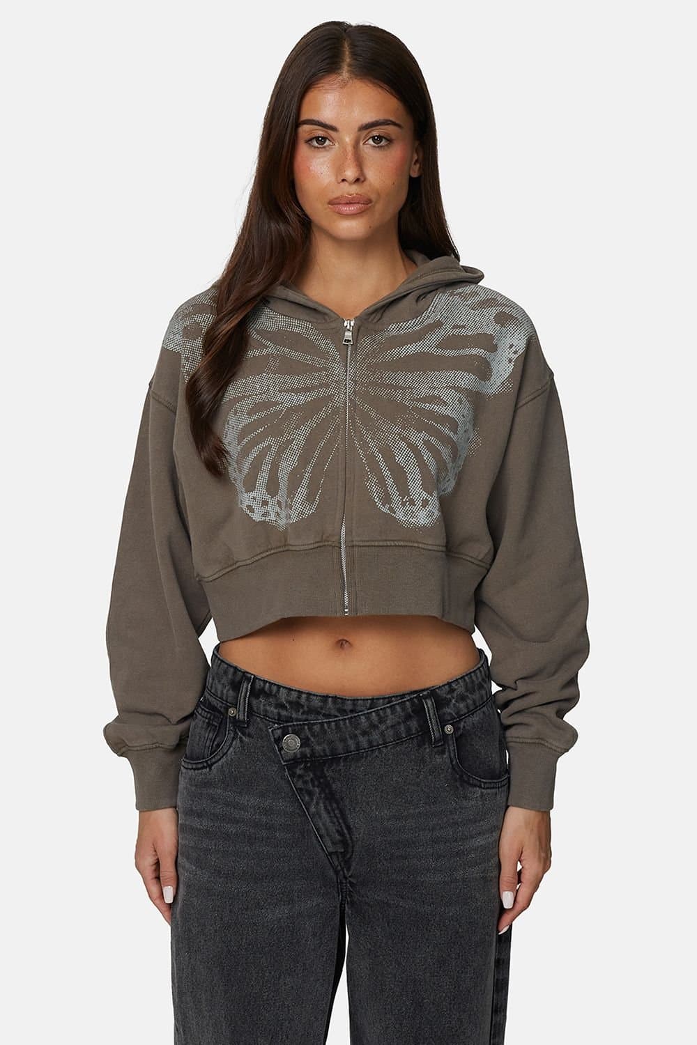 GOOD FOR NOTHING Good For Nothing Women's Cropped Zip Hoodie with Graphic Print in Brown