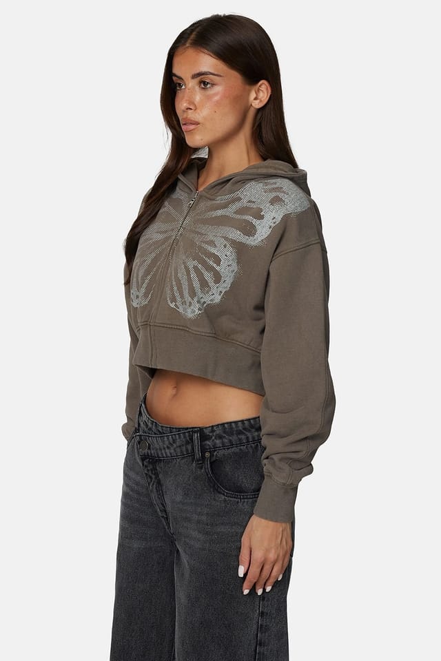 Good For Nothing Good For Nothing Women's Cropped Zip Hoodie with Graphic Print in Brown - 3