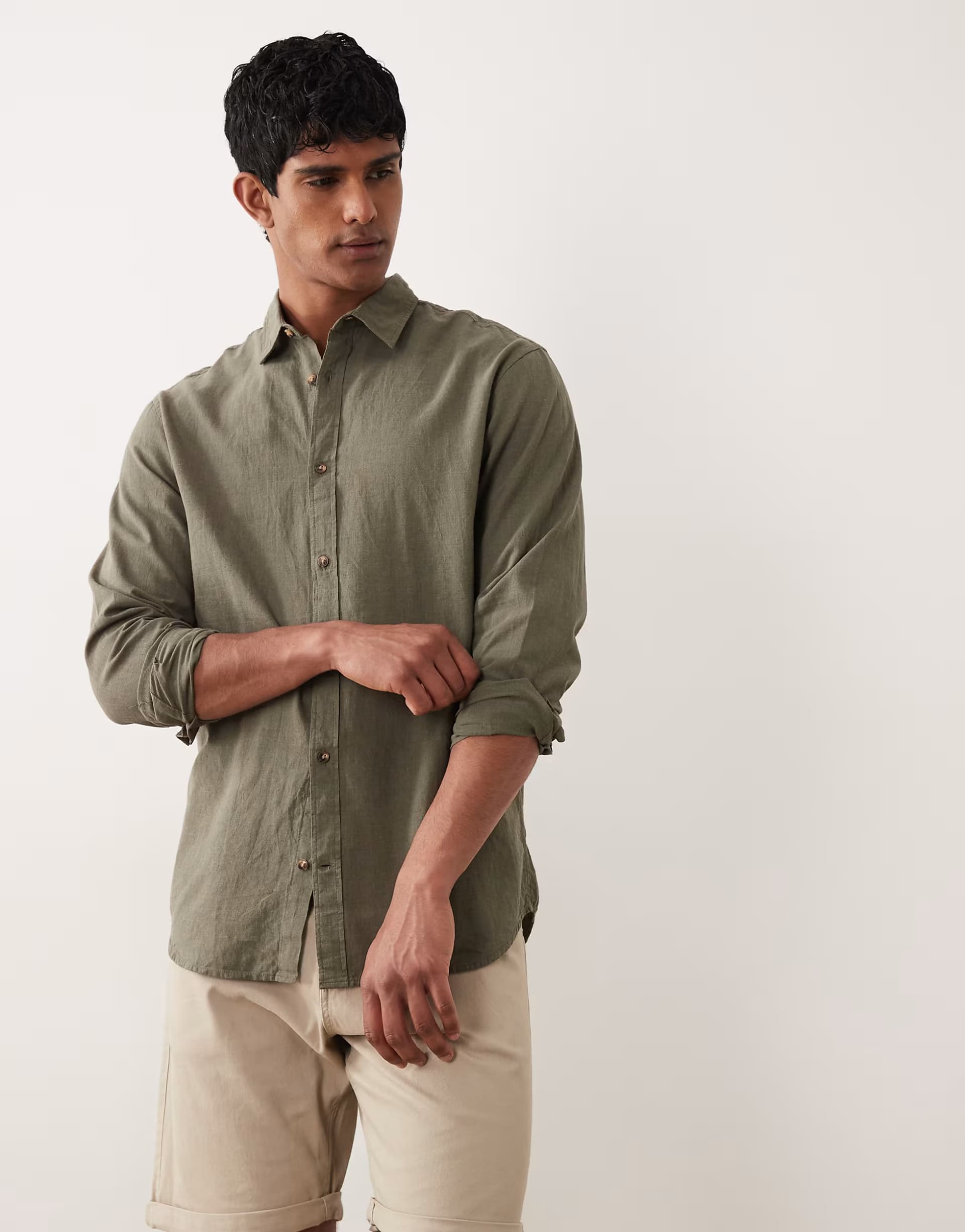 ASOS Jack & Jones linen blend long sleeve shirt in dark green