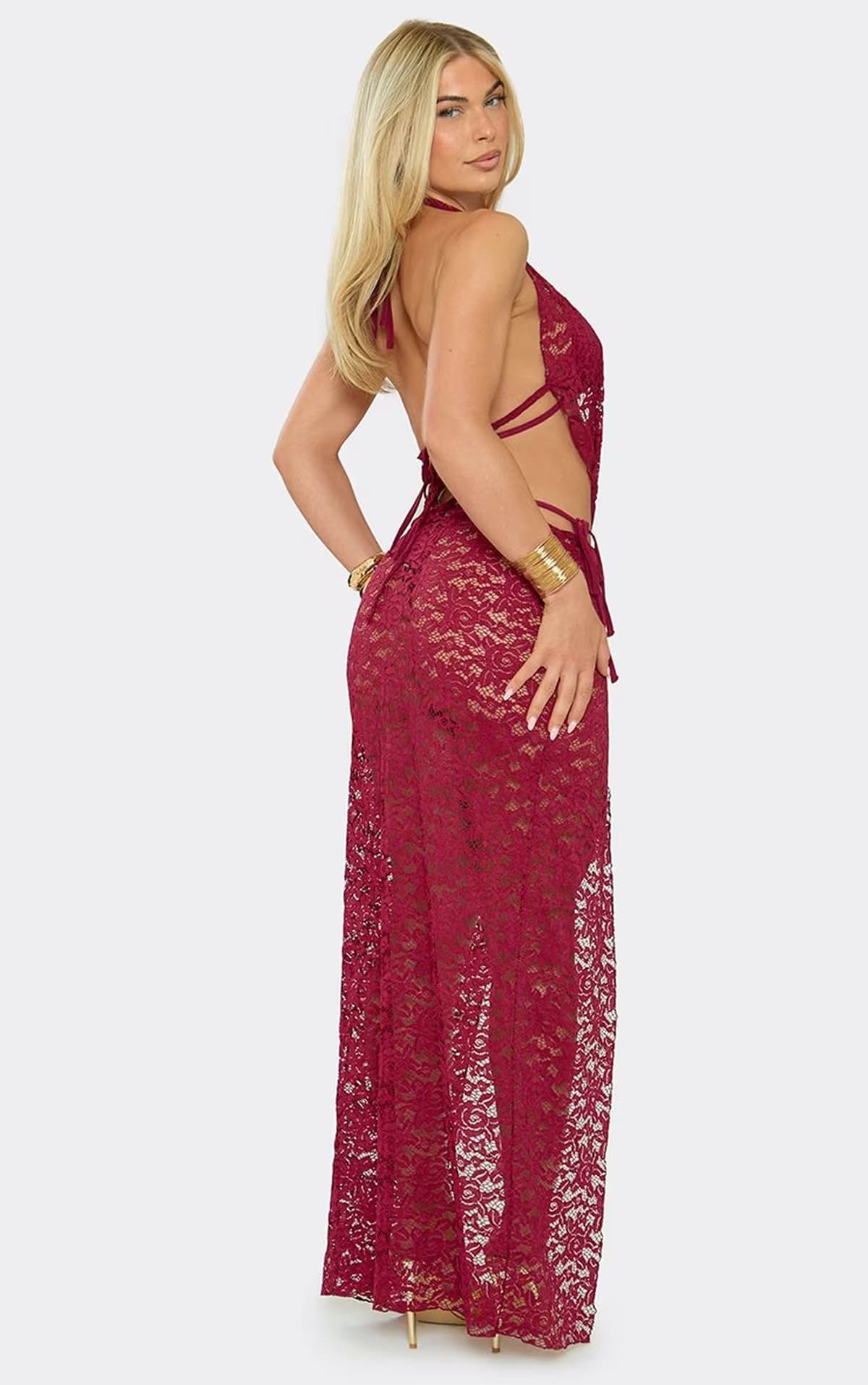 EGO Halterneck Extreme Plunge Front Cut Out Maxi Dress In Burgundy Lace, Women's Size UK 6