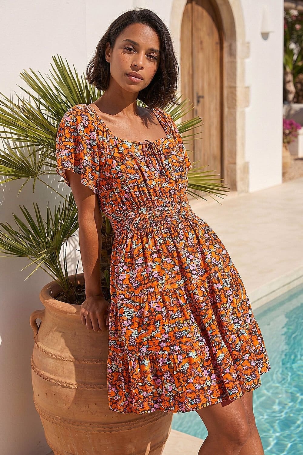 Dusk Orange Floral Print Shirred Skort Dress