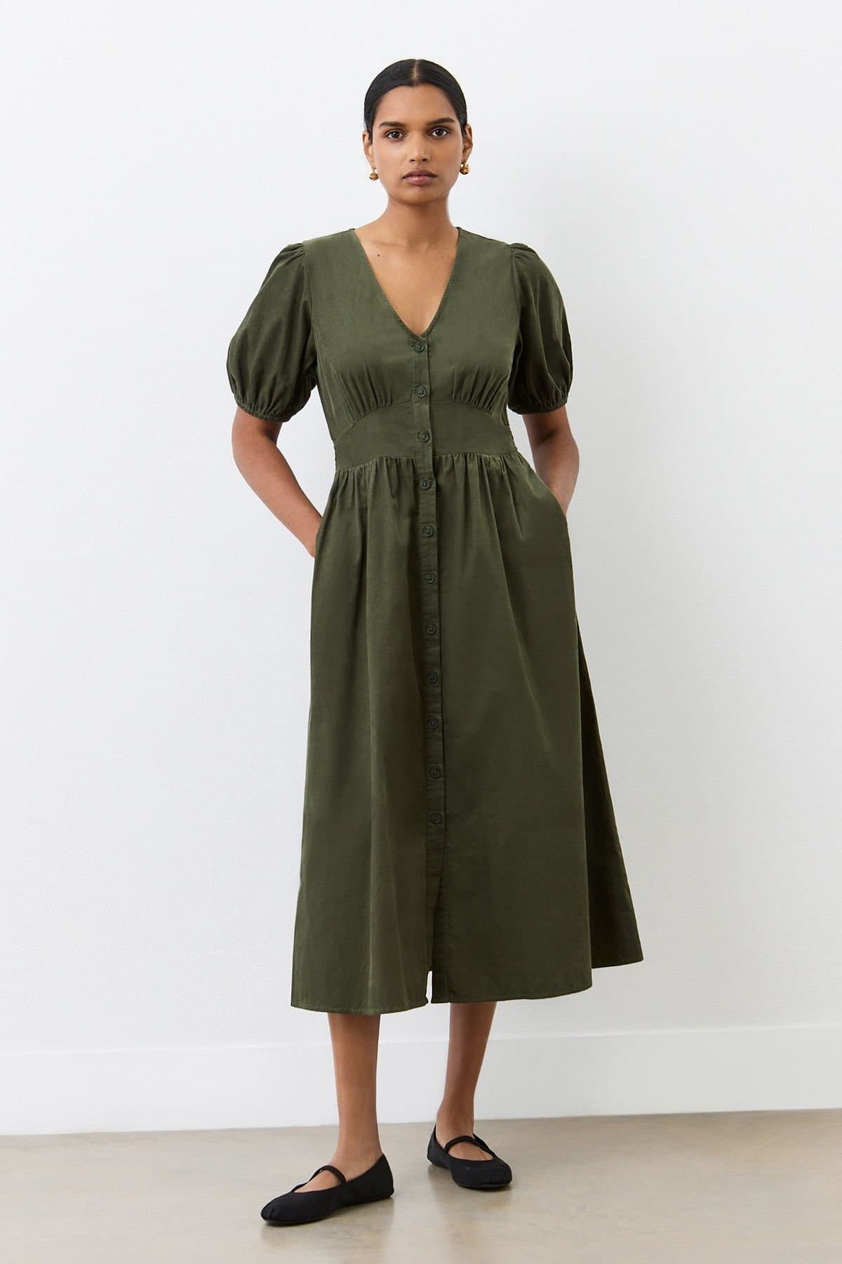 Finery London Finery London Women's Arlow Short Sleeve V Neck Midi Tea Dress in Dark Olive
