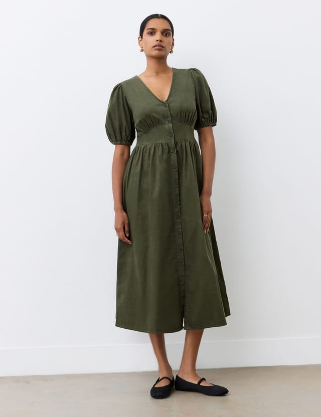 Finery London Finery London Women's Arlow Short Sleeve V Neck Midi Tea Dress in Dark Olive - 2