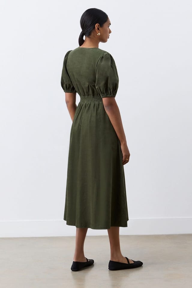 Finery London Finery London Women's Arlow Short Sleeve V Neck Midi Tea Dress in Dark Olive - 3