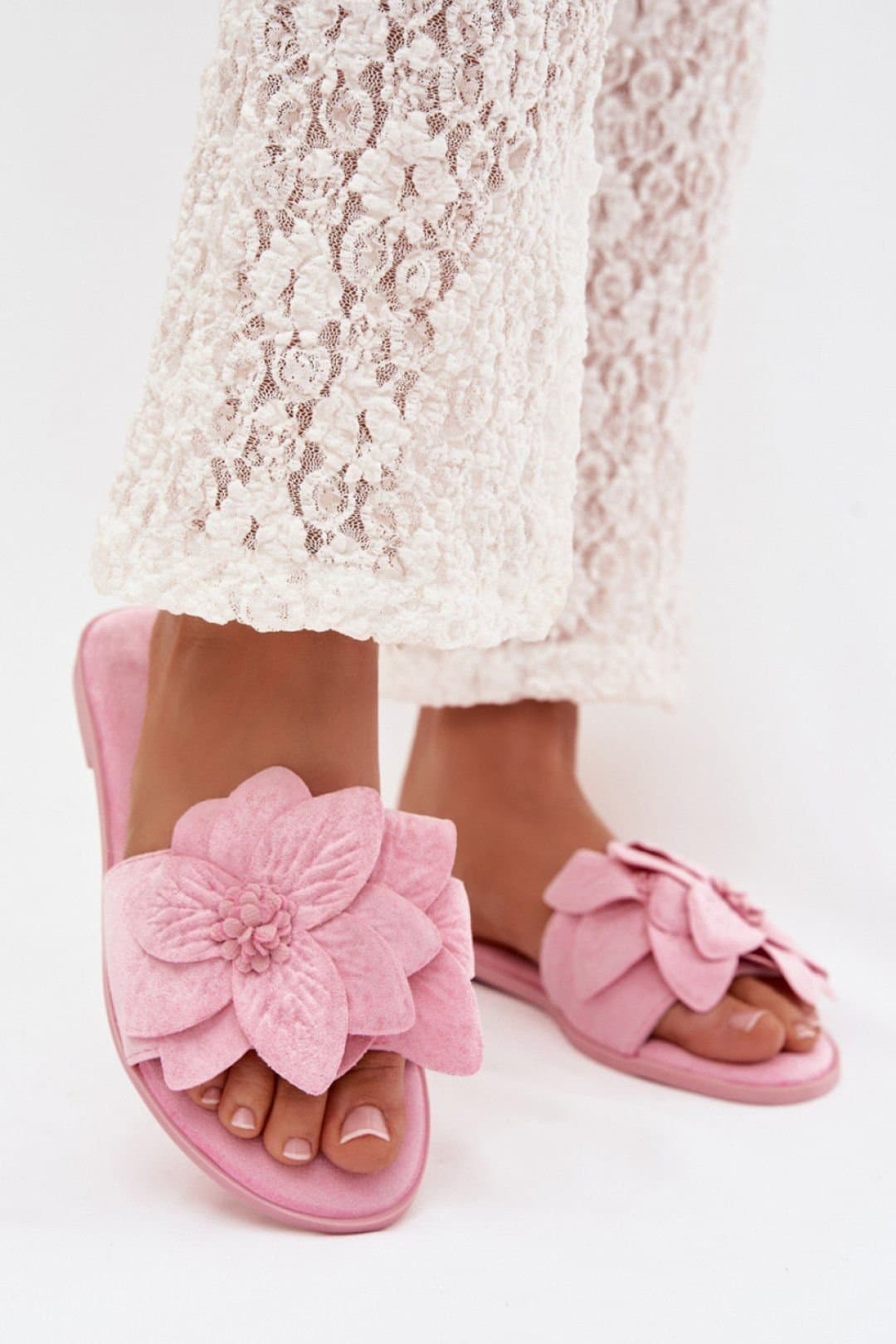 Love Lace Love Lace Pink Suede Sandals with Floral Strap