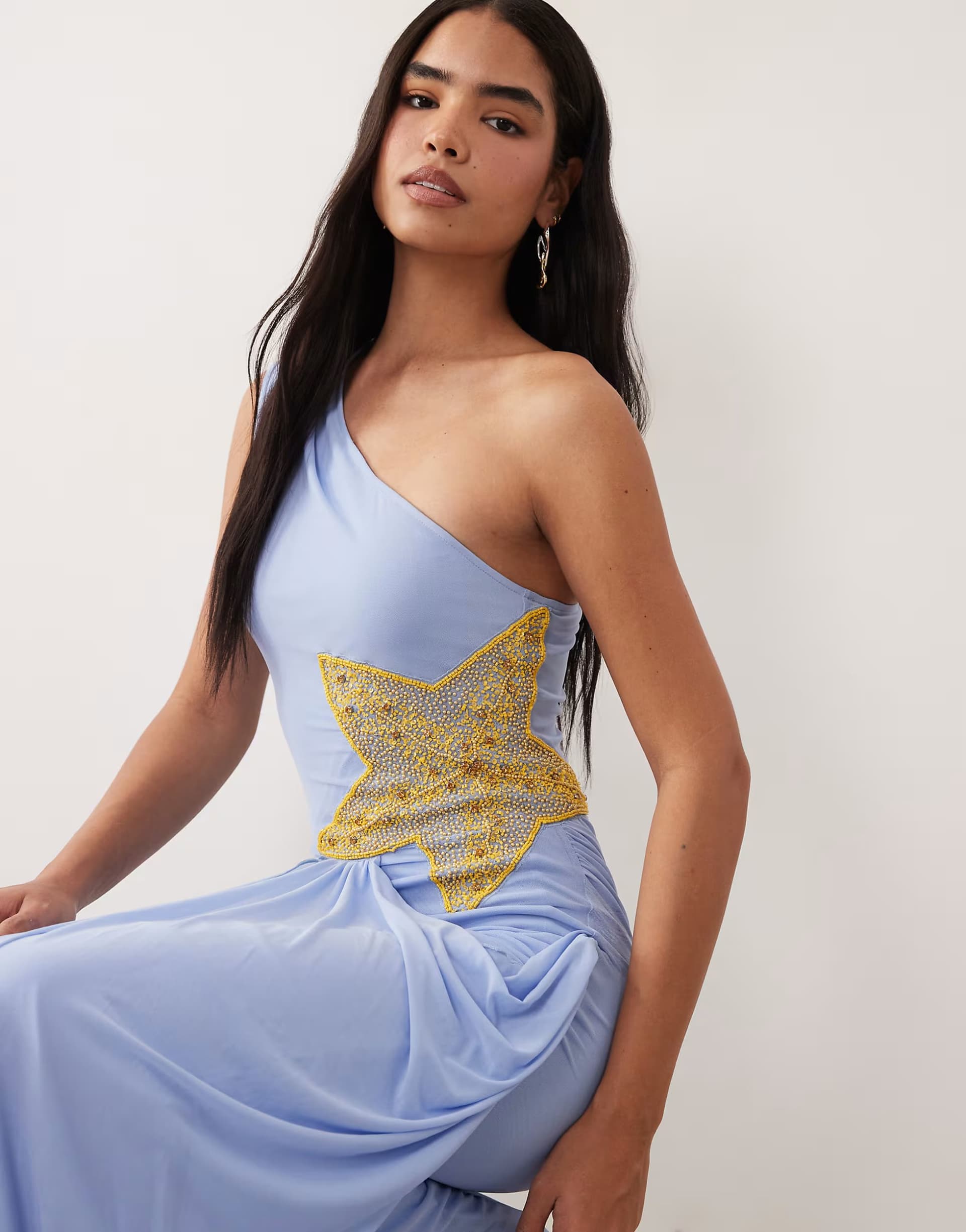 ASOS ASOS DESIGN starfish embellished draped mesh maxi dress in blue
