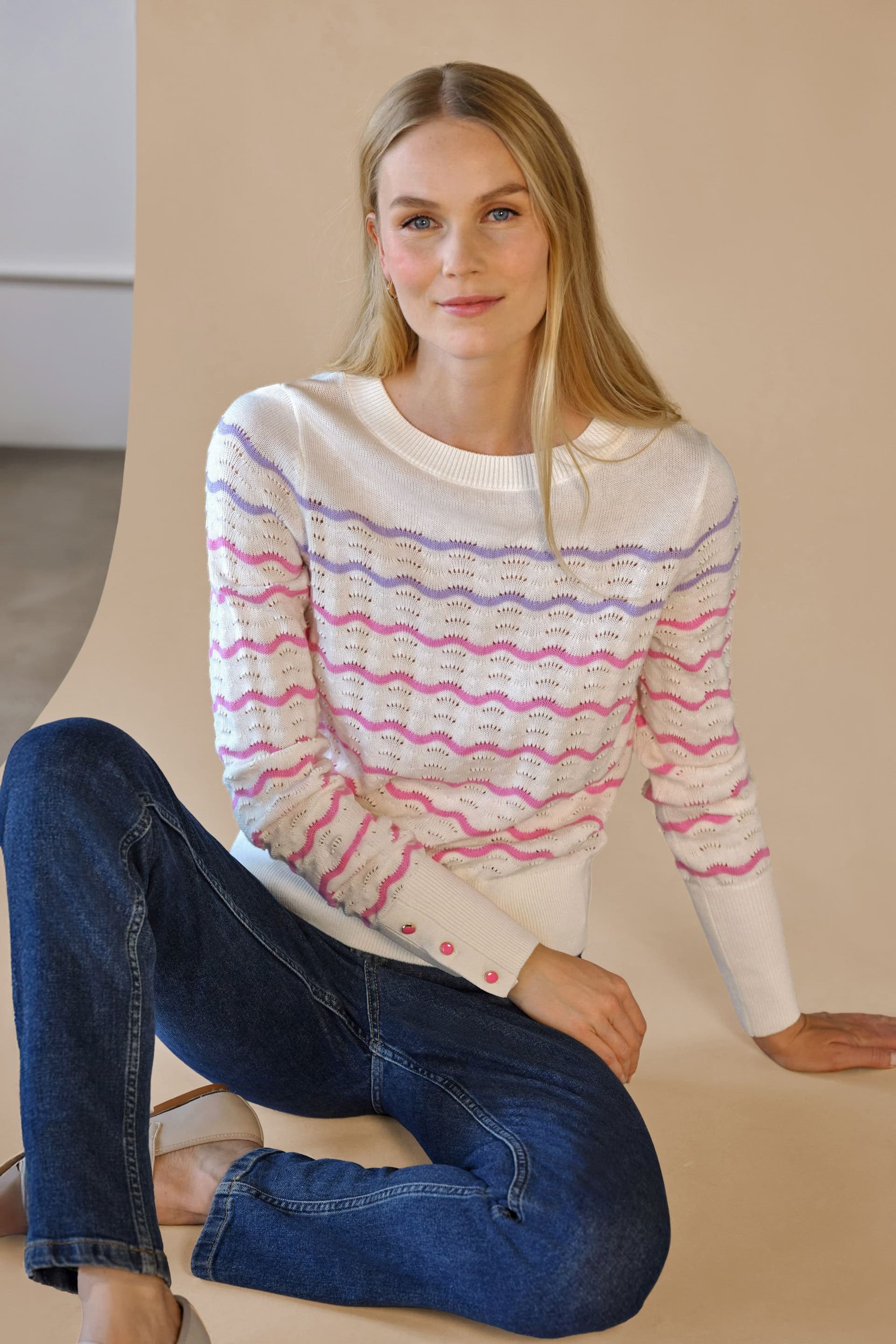 Pure Collection Pure Collection Women's Cotton Wool Zig Zag Stripe Sweater