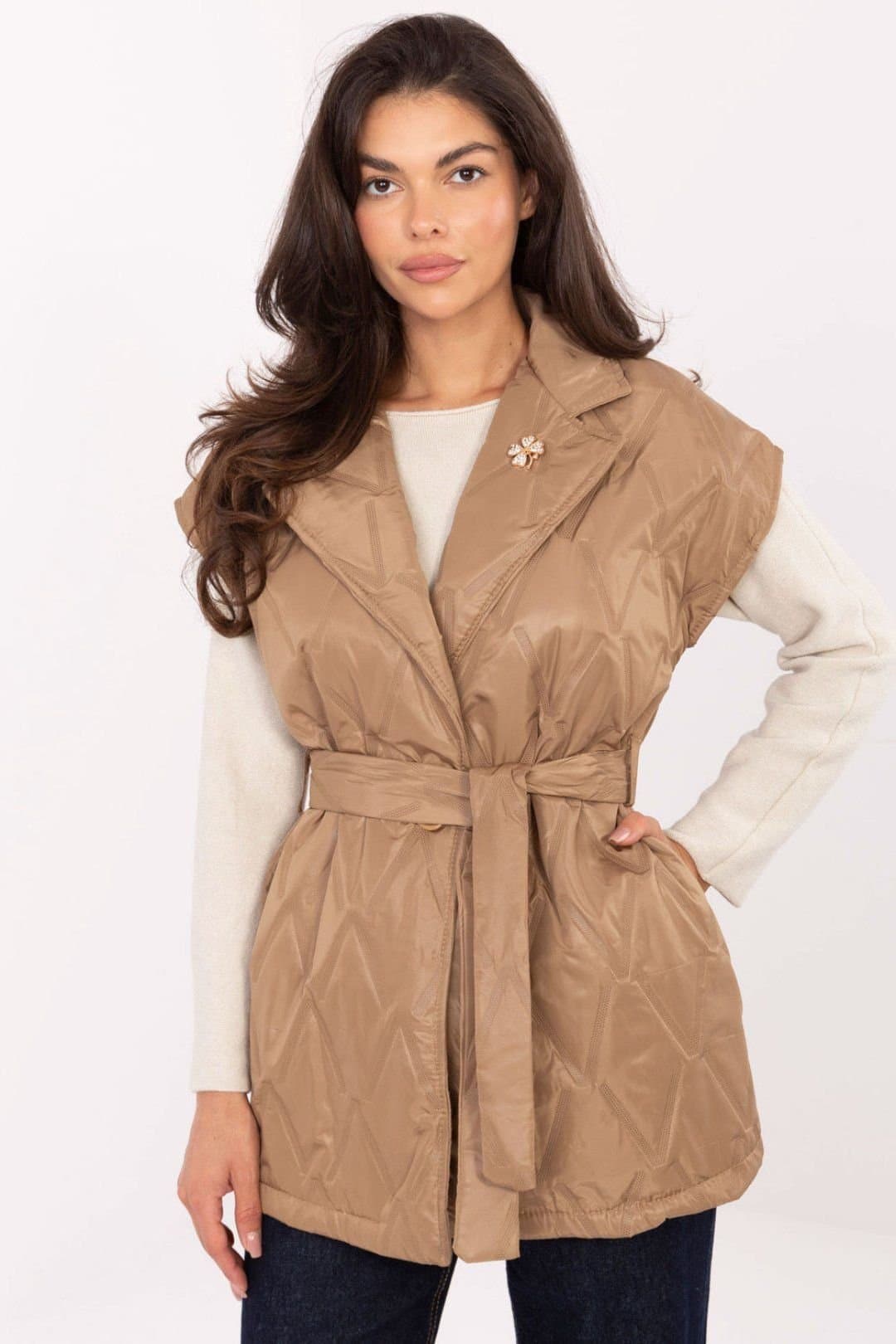 Love Lace Love Lace Women's Elegant Quilted Vest with Tie Belt & Pockets in Brown